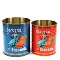 Two cylindrical storage tins, one blue and one red, featuring a vintage-style design with a woman in a traditional Spanish dress
