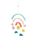 Colourful mobile featuring birds, flower, sun, and clouds