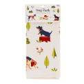 Cotton tea towel featuring an illustration of various dog breeds in a packaging