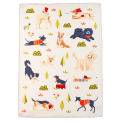 Cotton tea towel featuring an illustration of various dog breeds in playful poses