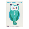 owl-shaped wooden clock with white numbered dial and clock hands in a packaging box