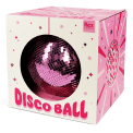 Pink disco ball inside a packaging labelled "DISCO BALL" in bold pink letters