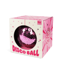 Pink disco ball inside a packaging labelled "DISCO BALL" in bold pink letters