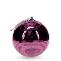 disco ball covered in reflective pink tiles, with a string attached at the top for hanging.