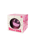 Pink disco ball inside a packaging labelled "DISCO BALL" in bold pink letters