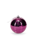 small disco ball covered in reflective pink tiles, with a string attached at the top for hanging.