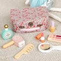wooden makeup case with showing mirror, perfume bottle, lipstick and comb