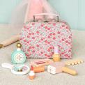 wooden makeup case with showing mirror, perfume bottle, lipstick and comb