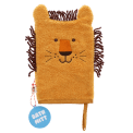 bath mitt shaped like a lion with brown yarn in orange with tag