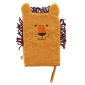 bath mitt shaped like a lion with brown yarn in orange 