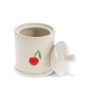 stoneware sugar pot with lid off, featuring a red cherry print and a small handle on top