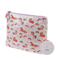 Wash bag in pale pink featuring colourful illustrations of unicorns, rainbows and stars with tag