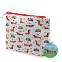 wash bag in white featuring colourful illustrations of sausage dog with tag