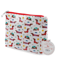 wash bag in white featuring colourful illustrations of sausage dog with tag