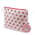 Wash bag in pink featuring colourful illustrations of red cherry print with tag