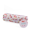 Pencil case in pink featuring colourful illustrations of unicorns, rainbows and stars with tag