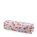 Pencil case in pink featuring colourful illustrations of unicorns, rainbows and stars