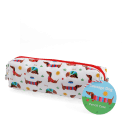 Pencil case in white featuring colourful illustrations of sausage dog with tag