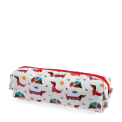 Pencil case in white featuring colourful illustrations of sausage dog 