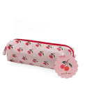 Pencil case in pink featuring colourful illustrations of red cherry print with tag