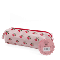 Pencil case in pink featuring colourful illustrations of red cherry print with tag