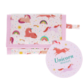 Wallet in pink featuring colourful illustrations of unicorns, rainbows and stars with tag