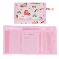 Wallet in pink featuring colourful illustrations of unicorns, rainbows and stars with open cards slot