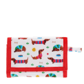 Wallet in white featuring colourful illustrations of sausage dog wearing striped jumper