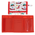 Wallet in white featuring colourful illustrations of sausage dog wearing striped jumper with open cards slot
