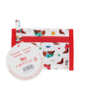 Wallet in white featuring colourful illustrations of sausage dog wearing striped jumper with tag