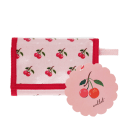 Wallet in pink featuring colourful illustrations of red cherry print with tag