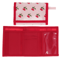 Wallet in pink featuring colourful illustrations of red cherry print with open cards slot