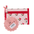 Wallet in pink featuring colourful illustrations of red cherry print with tag