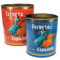 Two cylindrical tins with red and blue designs, featuring a woman in a blue dress, oranges, and 'Cerveza Española' text