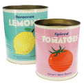 Two retro-style storage tins featuring one with a lemon print and one with a tomato print in different colour
