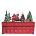 Wooden advent calendar with 24 red drawers numbered in gold, featuring snow-covered houses, trees, and reindeer
