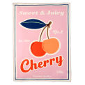 Cotton tea towel featuring a cherry print with pink background