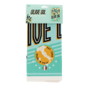 cotton tea towel featuring olive oil and birds print in a packaging
