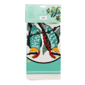 cotton tea towel featuring olive oil and birds print in a packaging