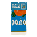 Cotton tea towel featuring a stylized "Cerveza Española" design in a packaging