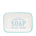 Rectangular ceramic soap dish with a light blue border and printed text 'SOAP'