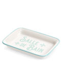 Rectangular ceramic soap dish with a light blue border and printed text 'Salle de bain' 