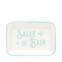 Rectangular ceramic soap dish with a light blue border and printed text 'Salle de bain' 