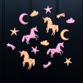 Assorted glow-in-the-dark unicorn featuring stars, moons, and clouds on a black background