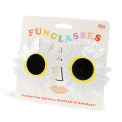funglasses with a white daisy-shaped frame and dark lenses with packaging
