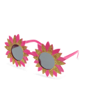 pink flower-shaped funglasses with gold glittery accents and dark round lenses.