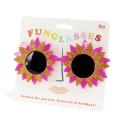 pink flower-shaped funglasses with gold glittery accents and dark round lenses with packaging