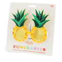 Pineapple-shaped funglasses with yellow textured frames, round yellow lenses, and green leaf accents with packaging