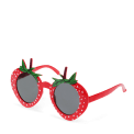 Red strawberry-shaped funglasses with green leaves, and dark round lenses