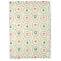 Cotton tea towel with a festive holiday design featuring Christmas trees, wreaths